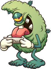 Marijuana bud licking a joint and looking at the camera. Vector clip art illustration with simple gradients. All in a single layer. 
