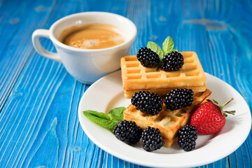 Good morning. Waffles with blueberries, strawberry and blackberries.