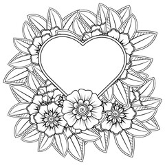Mehndi flower with frame in shape of heart for henna, mehndi, tattoo, decoration. decorative ornament in ethnic oriental style. doodle ornament. coloring book page.