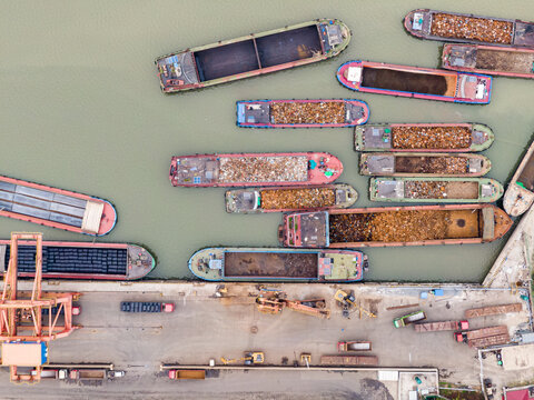 Top view of water port with ship