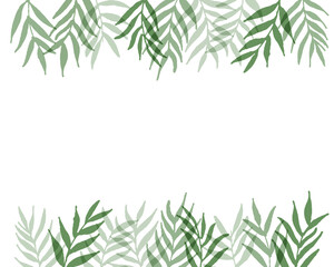 手描きタッチ南国の葉をイメージした上下イラストで囲ったフレーム　vector botanical illustration elements. hand drawn drawing sketch.  Collection of greenery leaf plant forest herbs