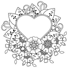 Mehndi flower with frame in shape of heart for henna, mehndi, tattoo, decoration. decorative ornament in ethnic oriental style. doodle ornament. coloring book page.