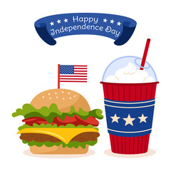 American Independence Day card fast food with flag, ribbon. Cheeseburger and cup coffee to go USA flags. Poster tape American patriotic independence festival. Latte takeaway. Isolated vector