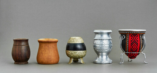 Argentine mate 5 different styles on grey background landscape panoramic