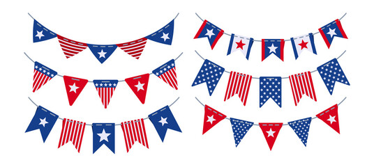 Obraz premium Garland bunting flag American Independence Day flat set. USA celebration party hanging flags. Patriotic buntings pennants striped decoration. Happy 4th of July happy independence festival Vector