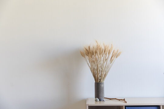 Interior Photo Of A Vase, A Stick And Some Rocks On Top Of A Bookcase