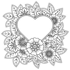 Mehndi flower with frame in shape of heart for henna, mehndi, tattoo, decoration. decorative ornament in ethnic oriental style. doodle ornament. coloring book page.