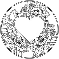 Mehndi flower with frame in shape of heart for henna, mehndi, tattoo, decoration. decorative ornament in ethnic oriental style. doodle ornament. coloring book page.