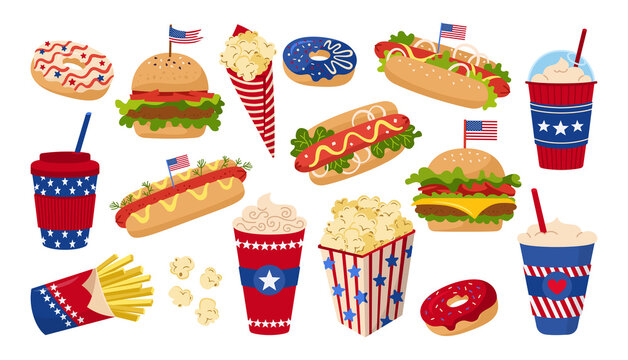Fast food set American Independence Day with flag. Hamburger, cup coffee to go and donut, hot dog, popcorn USA flags collection. American patriotic independence festival. Vector illustration