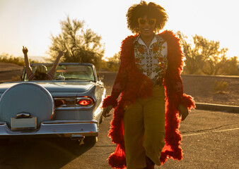 Fashion Shoot with black  model with Swagger  and  Vintage car