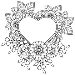 Mehndi flower with frame in shape of heart for henna, mehndi, tattoo, decoration. decorative ornament in ethnic oriental style. doodle ornament. coloring book page.