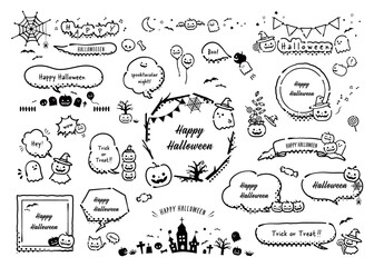 ハロウィンの吹き出しセット。線画白黒、ペン画、墨だまり線（文字入り）