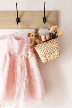 Little pink dress with teddy bear in straw purse hanging on hook