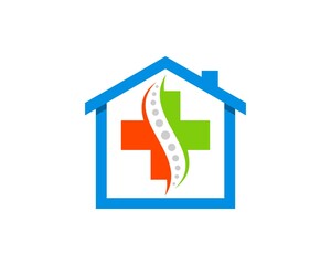 Simple house with medical cross and chiropractic bone inside