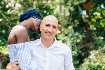 Portrait biracial couple outdoors