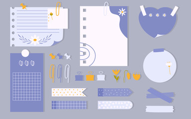 Flat stationery set. Planner notebook page. Note sheet, sticker and duct tape, push pin, paper clip. To do list with drawn flower. Template card great for printable kids organizer. Vector illustration
