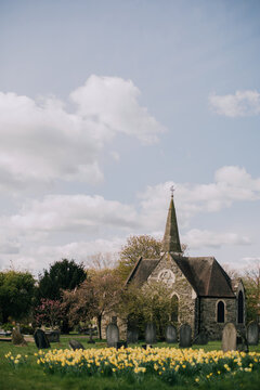 A church with daffodils in the foreground