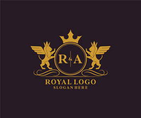 Initial RA Letter Lion Royal Luxury Heraldic,Crest Logo template in vector art for Restaurant, Royalty, Boutique, Cafe, Hotel, Heraldic, Jewelry, Fashion and other vector illustration.