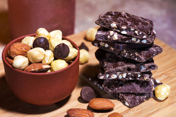 chocolade with nuts and hazelnuts close-up