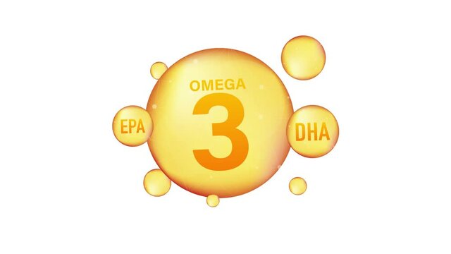 Omega 3 gold icon. Vitamin drop pill capsule. Shining golden essence droplet. Motion graphics.