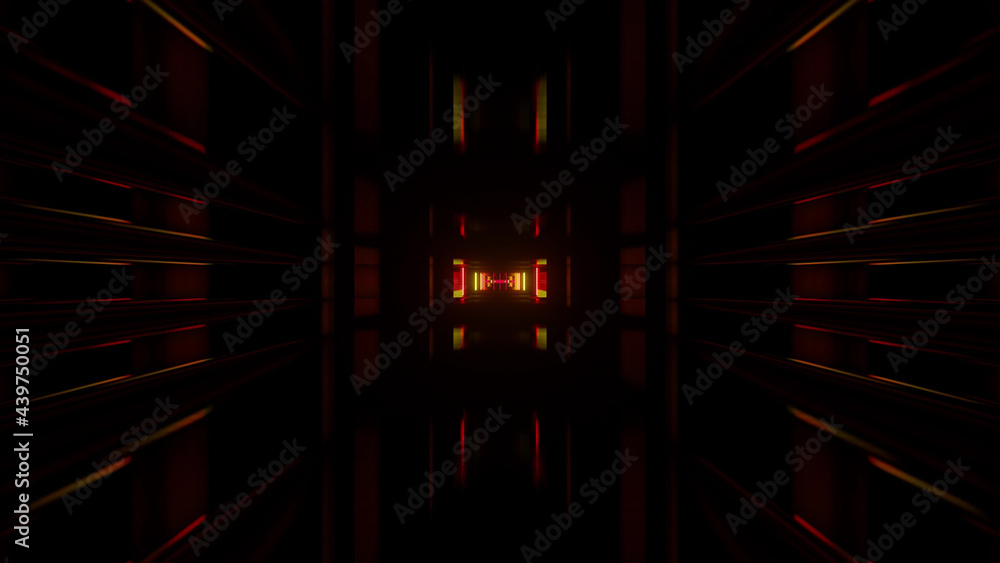 Poster 3d rendering of futuristic tunnel patterns in neon brown and black vibrant colors