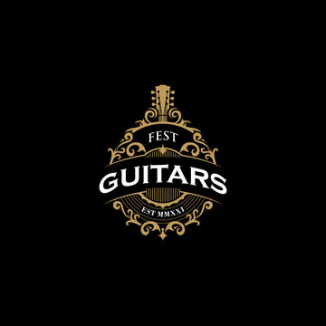 Vintage Guitars Logo with Abstract and Black Background with Gold Floral 