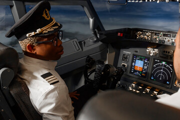 afro american pilot flying a passenger plane