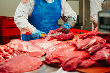 Butcher cutting meat in a factory