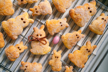 Group of Easter bunny pastries with Easter egg on tray