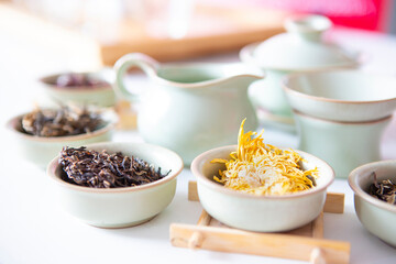 Set of tea leaves and flowers for making tea.