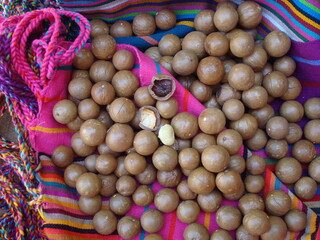 Nueces de macadamia sobre lienzo colorido 02