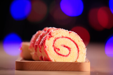 Red velvet cake on a wooden plate