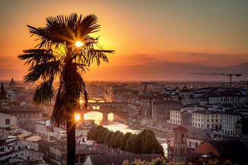 Florence, Italy -20 June, 2019 : panorama of the city at sunset, view from Piazzale Michelangelo to...