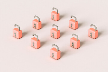 Pink padlocks on grey background arranged