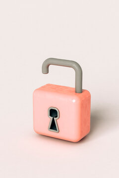 one open Pink padlock on grey background