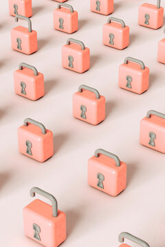 pattern of open and closed Pink padlocks on grey background