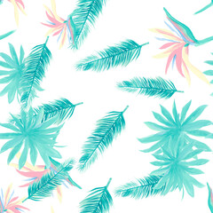 Fototapeta na wymiar Blue Pattern Exotic. Indigo Seamless Palm. Cobalt Tropical Background. White Flower Vintage. Azure Floral Design. Wallpaper Background. Decoration Leaf.