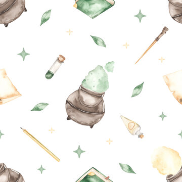 Watercolor seamless pattern with magic potion of luck, potion, book, magic wand, flasks on white background