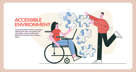 Disabled student in wheelchair Accessible environment concept flat vector illustration. Girl with physical disabilities and her friend. Inclusive education, collaborative teamwork. Web banner template