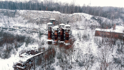 Aerial view of Liban quarry Kamieniolom in Krakow, Poland during the winter season. Old rusty...
