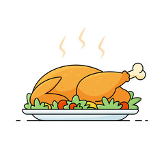 Baked bird on platter. Roast turkey or chicken on plate. Concept of food for traditional holiday dinner. Vector illustration in cartoon style