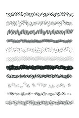 Obraz premium Set of vector grunge graphite pencil art line brush template. Ink textures of different shapes. Collection of hand drawn brush strokes, scribble design elements isolated on white background
