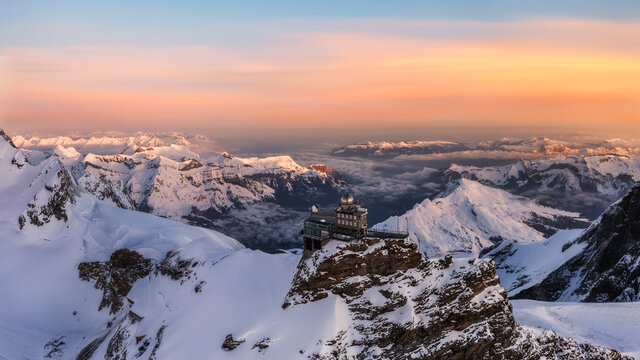 Jungfraujoch and sphinx observatory at sunrise