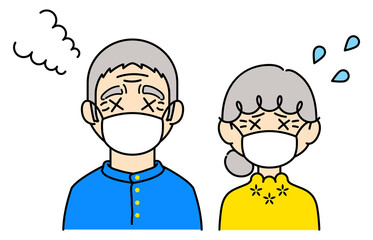マスクをして暑がっている高齢者のカラーイラスト【おじいさん,おばあさん】