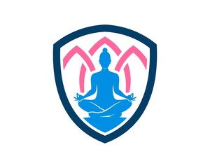 Simple shield with women yoga and lotus flower behind