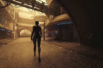 Cyborg in the city with rain