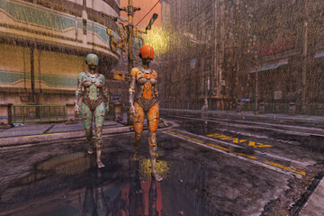 Cyborgs in the rain crossing street