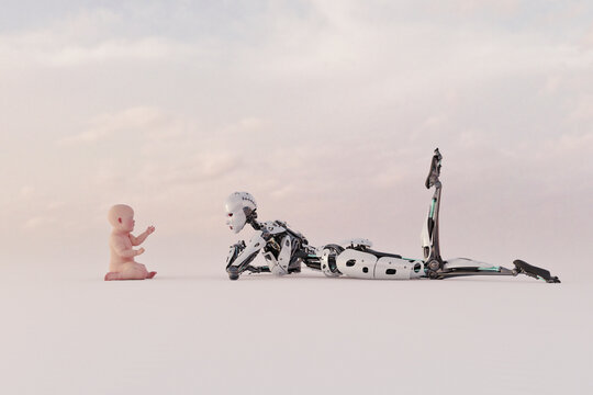 Futuristic robot carer lying with baby