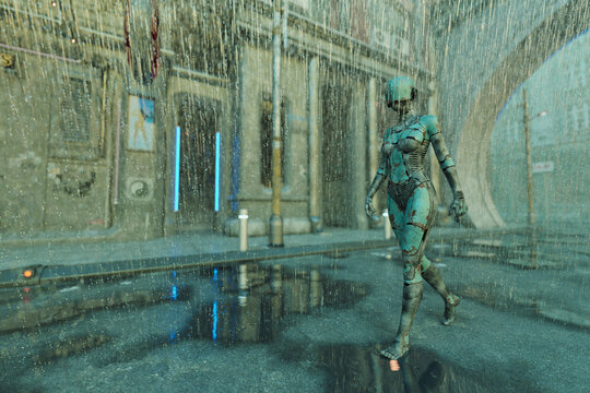 Female cyborg walking streets in the rain
