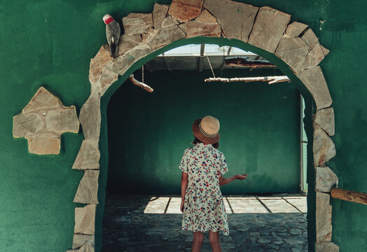 А girl with a parrot.